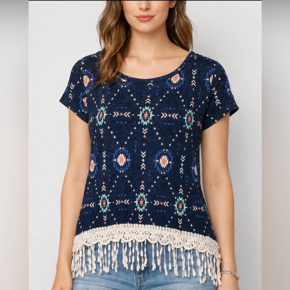 Rewind Boho Aztec Print Top Navy Blue women’s Size M Fringe Lace Hem(A286)✨